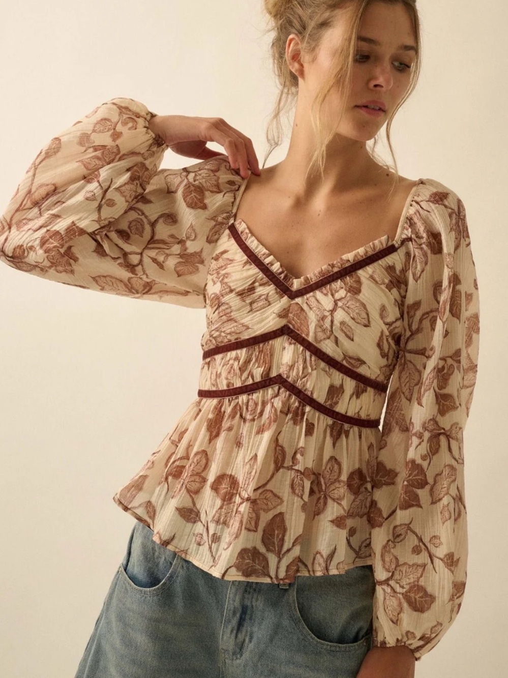 Cream Brown Floral Puff Sleeve Babydoll Top Velvet Trim Cottage Renfaire Romance